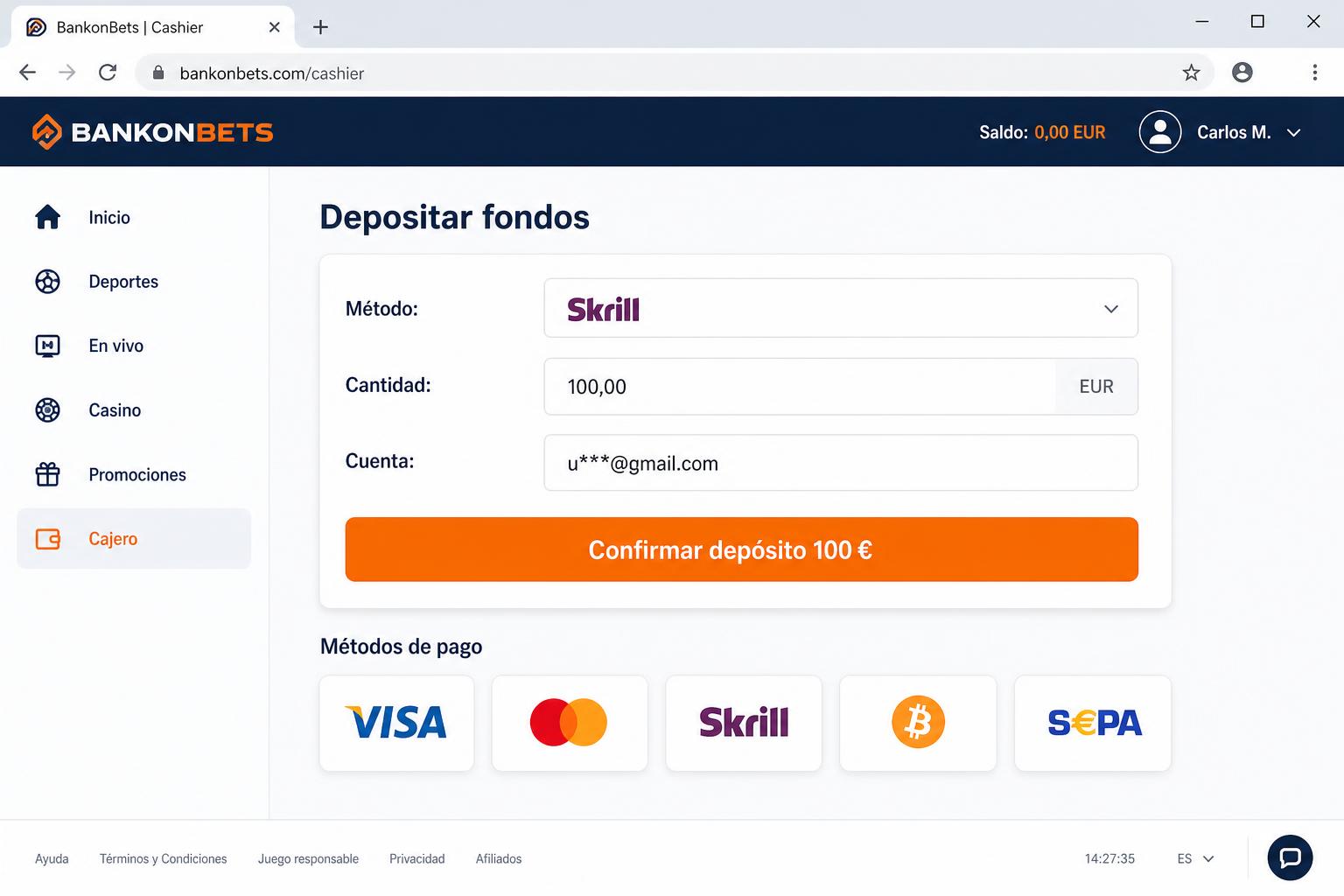 Captura del cajero Bankonbet: depósito 100 EUR por Skrill, formulario y métodos de pago