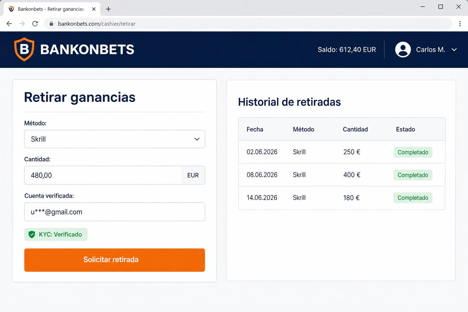 Captura del cajero Bankonbet: retirada de 480 EUR a Skrill con KYC verificado e historial de retiradas